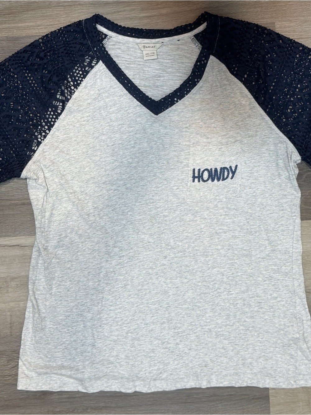 Ariat Women’s Light Gray Tee with Navy Lace Sleeves - 'Howdy' Print